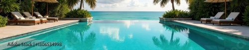 Oversized, heated saltwater pool, tropical setting, green, sun, outdoor