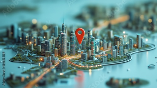 3d modeled city and red pin, streets buildings and city lights