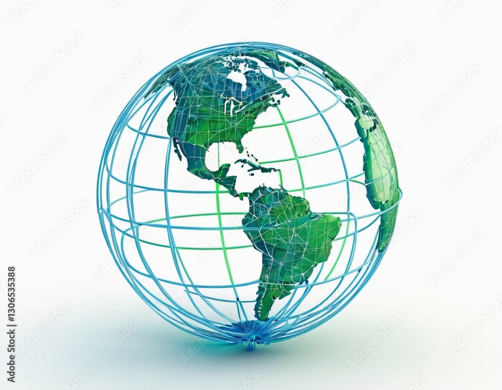 Stylized digital globe logo, featuring interconnected lines and dots to symbolize global connectivity and advanced technology, in cybernetic blue and digital green colors, white background Stylized digital globe logo, featuring interconnected lines and dots to symbolize global connectivity and advanced technology, in cybernetic blue and digital green colors, white background