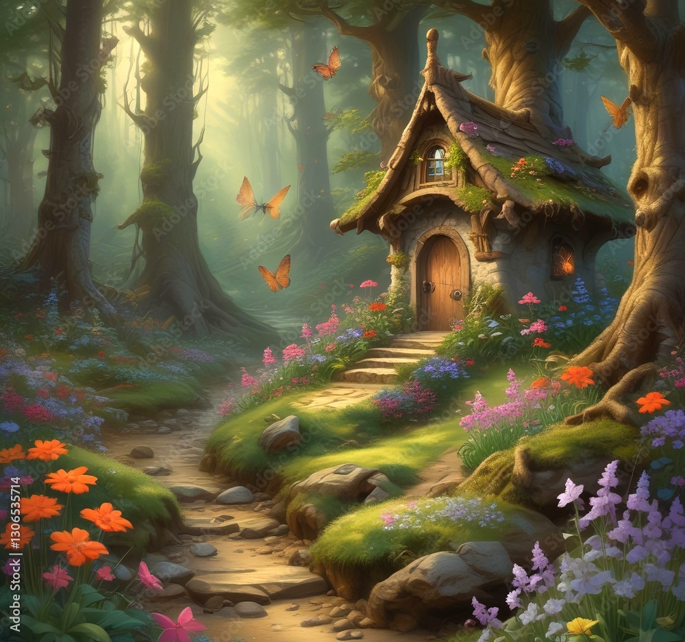 Fototapeta premium Illustration of goblin house in green forest.