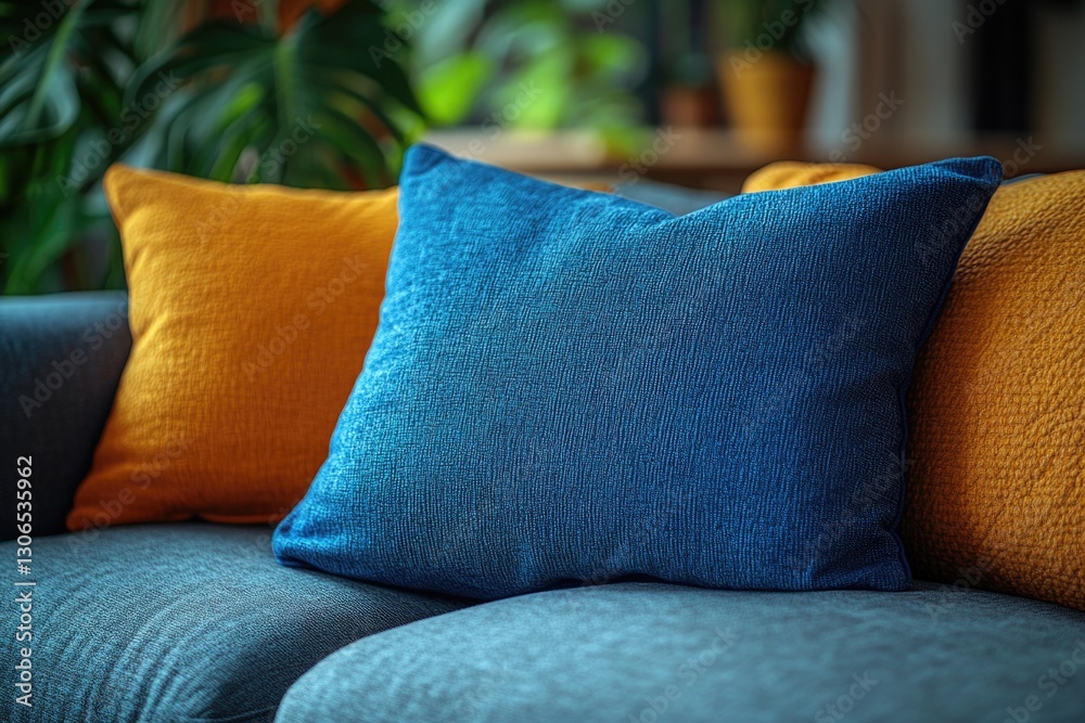 A close-up view of a couch with a blue and yellow pillow A close-up view of a couch with a blue and yellow pillow