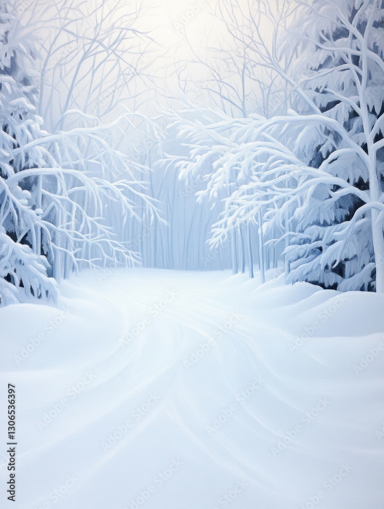 Fototapeta premium A snowy forest path with trees covered in snow