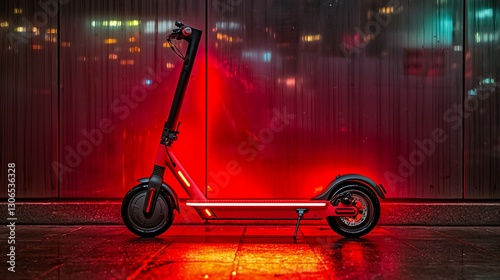 Electric scooter illuminated with red lights parked on a wet urban street at night