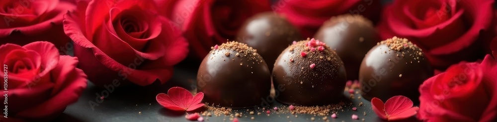 Obraz premium Dark chocolate truffles nestled amongst velvety red roses , sophisticated, sensual