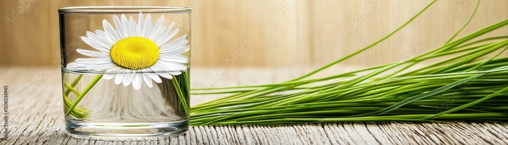 Daisy in glass, green grass background, nature, purity, spring Daisy in glass, green grass background, nature, purity, spring