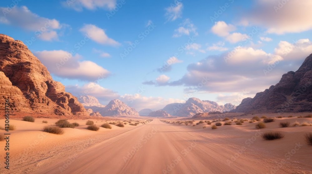 Naklejka premium scenic desert highway view showcases vast landscape with sandy terrain, rocky formations, and beautiful sky filled with clouds. serene atmosphere invites exploration and adventure