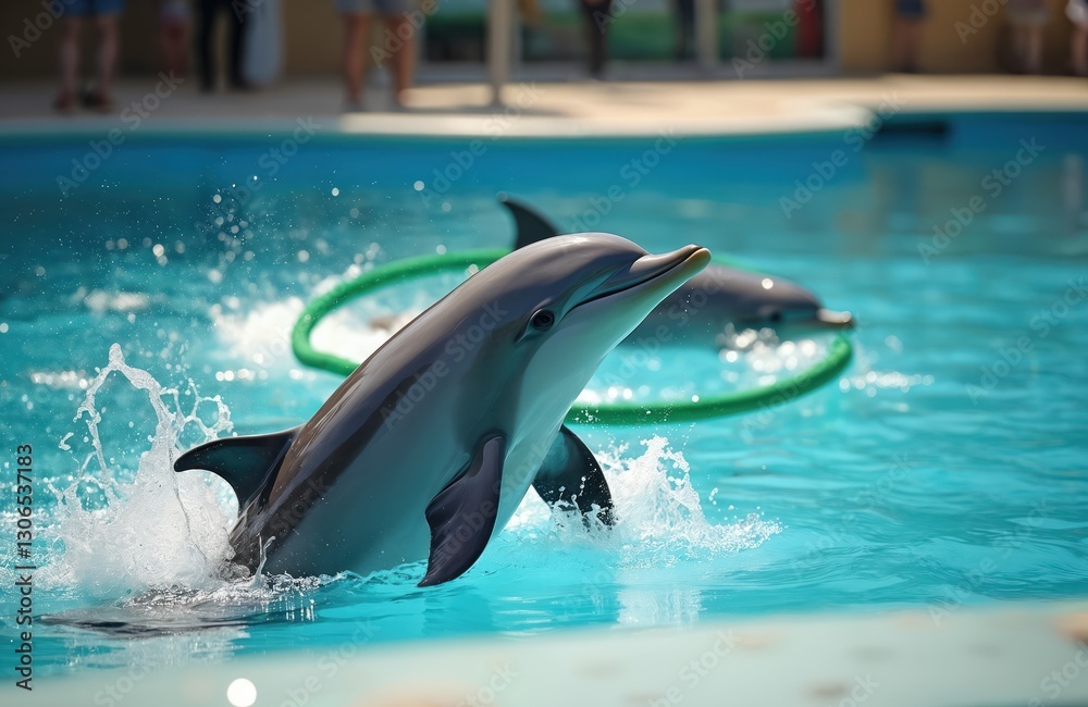 Fototapeta premium Two dolphins perform in pool show with hoop. Marine mammals swim, play and leap out water. Trained aquatic animals perform tricks. Intelligent mammals show at Pattaya Dolphinarium, Thailand.