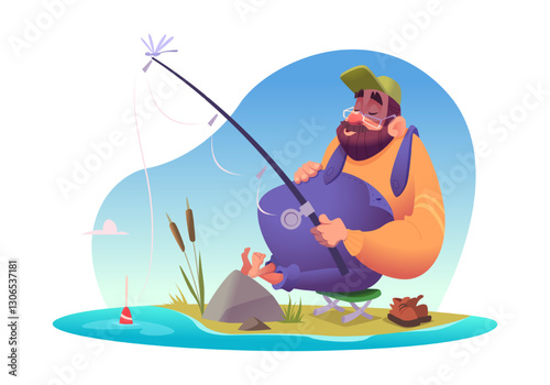 Cartoon funny dozing bearded fisherman character sitting resting and catching fish