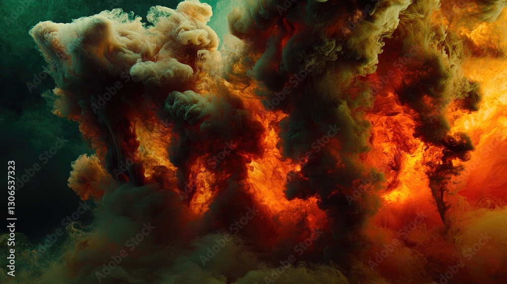 Fiery orange and green smoke cloudscape, abstract art, design background Fiery orange and green smoke cloudscape, abstract art, design background