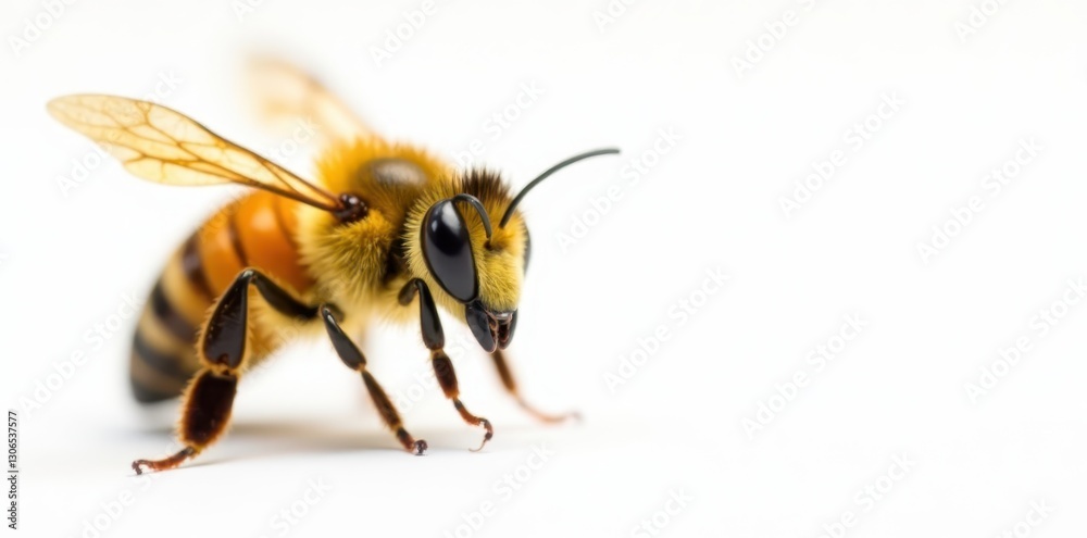 Close-up of a single golden honeybee on white , close up, antenna, golden Close-up of a single golden honeybee on white , close up, antenna, golden