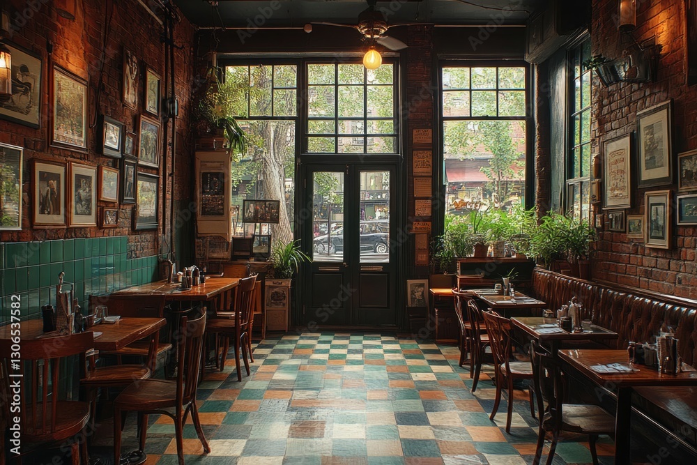 Fototapeta premium Cozy restaurant scene with checkered floor and many tables, ideal for use in hospitality and food industry projects