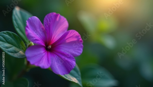 Deep purple flower, delicate leaves, soft light , petals, calm