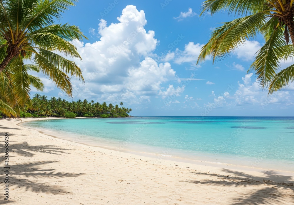 Obraz premium Virginia beach beautiful tropical beach with palm trees, coconut palms, and clear blue water under a sunny sky