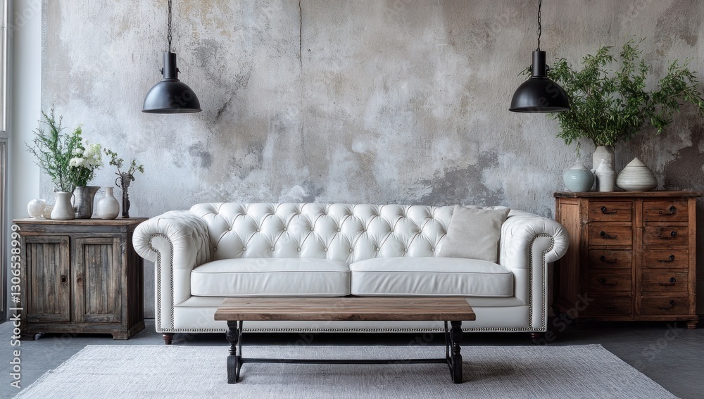 Obraz premium White leather chesterfield sofa in loft interior.