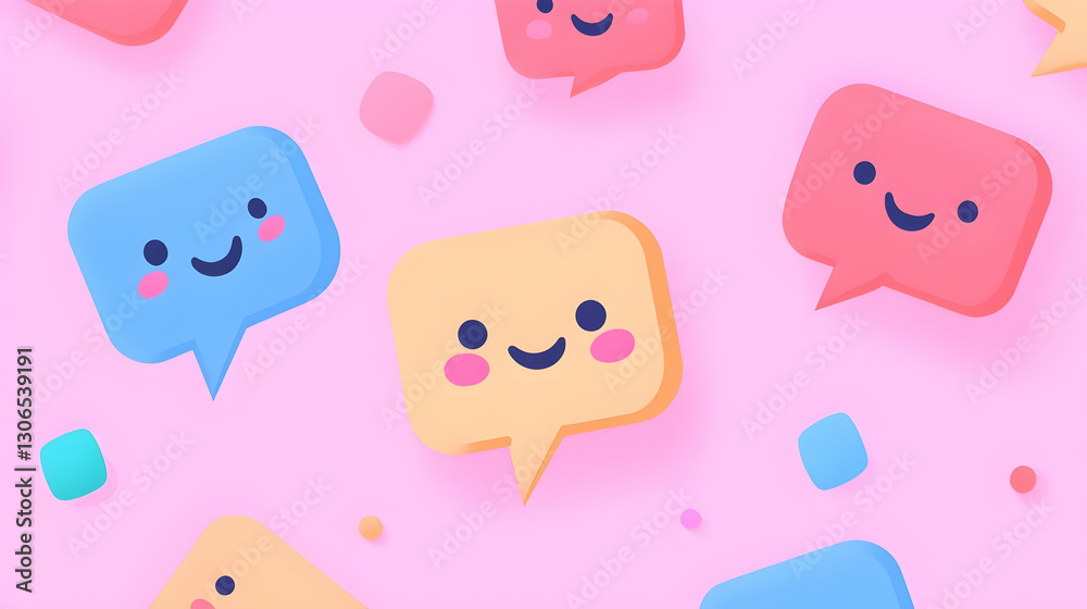 Colorful Cute Chat Bubbles with Happy Faces on Pink Background Colorful Cute Chat Bubbles with Happy Faces on Pink Background