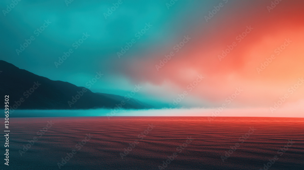 serene landscape featuring tranquil body of water reflecting vibrant colors of blue and red, with misty mountains in background. scene evokes sense of calm and wonder serene landscape featuring tranquil body of water reflecting vibrant colors of blue and red, with misty mountains in background. scene evokes sense of calm and wonder