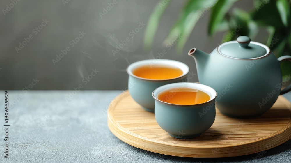 Tranquil Tea Moment with Green Teapot and Steaming Cups on Wooden Tray Surrounded by Lush Greenery Tranquil Tea Moment with Green Teapot and Steaming Cups on Wooden Tray Surrounded by Lush Greenery