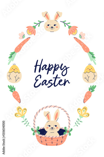 Happy Easter oval Frame With Bunnies, chickens and eggs. Happy Easter hand drawn card. Flat illustration with partial outline. Isolated vector illustration.