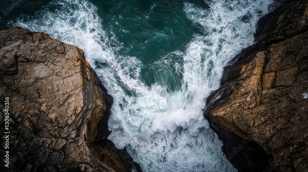 Aerial view of crashing waves between rocky cliffs, showcasing the power and beauty of nature's coastal landscape. Aerial view of crashing waves between rocky cliffs, showcasing the power and beauty of nature's coastal landscape.