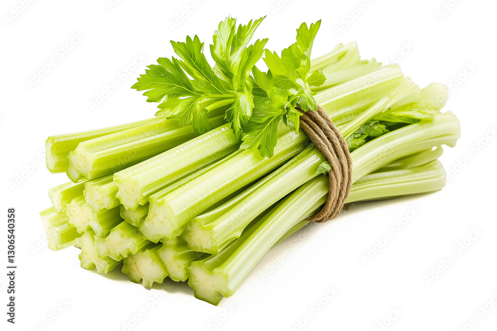 A neatly tied bundle of celery, isolated on a white background A neatly tied bundle of celery, isolated on a white background