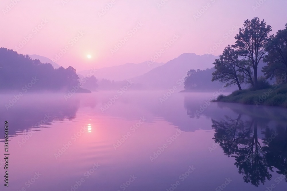 Fototapeta premium Soft lavender mist rises from a serene lake at dawn, gentle hues, nature
