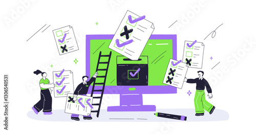 The image illustrates a playful survey concept with checklists, a computer screen, and a ladder. Playful style