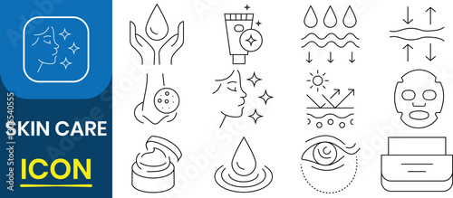 Skin care icon set. Skin care and beauty icon set. Moisturizing cream, sunscreen, cream, face mask, skin covering, thin line symbol vector illustration.
