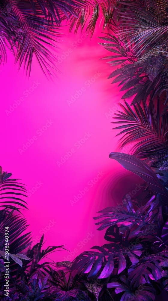 Obraz premium Pink tropical leaves frame, vibrant background, summer foliage, design template