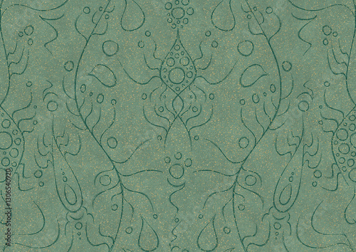 Wallpaper Mural Hand-drawn unique abstract seamless ornament. Dark green on light cold green background, with splatters of golden glitter. Paper texture. Digital artwork, A4. (pattern: p13-1a) Torontodigital.ca