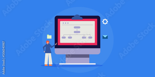 Cloud database management system, structured data information technology, software engineer person with computer, flat design concept.