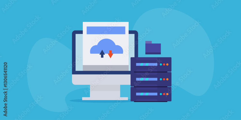 Cloud server storage, file transfer and sync with cloud data, digital hosting service concept. Cloud server storage, file transfer and sync with cloud data, digital hosting service concept.