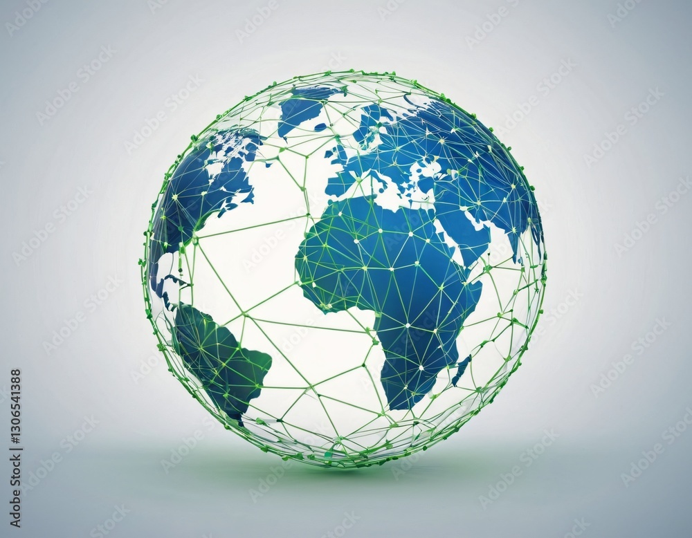 Stylized digital globe logo, featuring interconnected lines and dots to symbolize global connectivity and advanced technology, in cybernetic blue and digital green colors, white background Stylized digital globe logo, featuring interconnected lines and dots to symbolize global connectivity and advanced technology, in cybernetic blue and digital green colors, white background