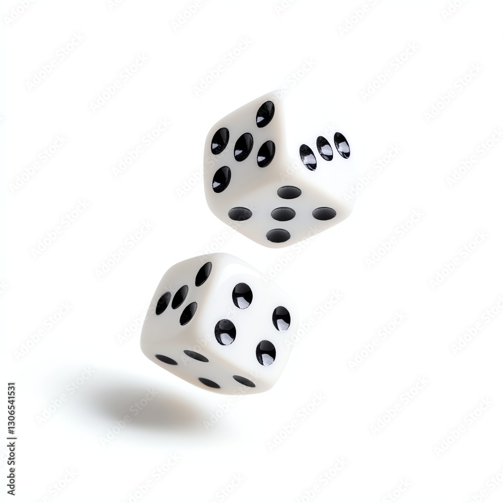 Two white dice floating against a white background. Two white dice floating against a white background.