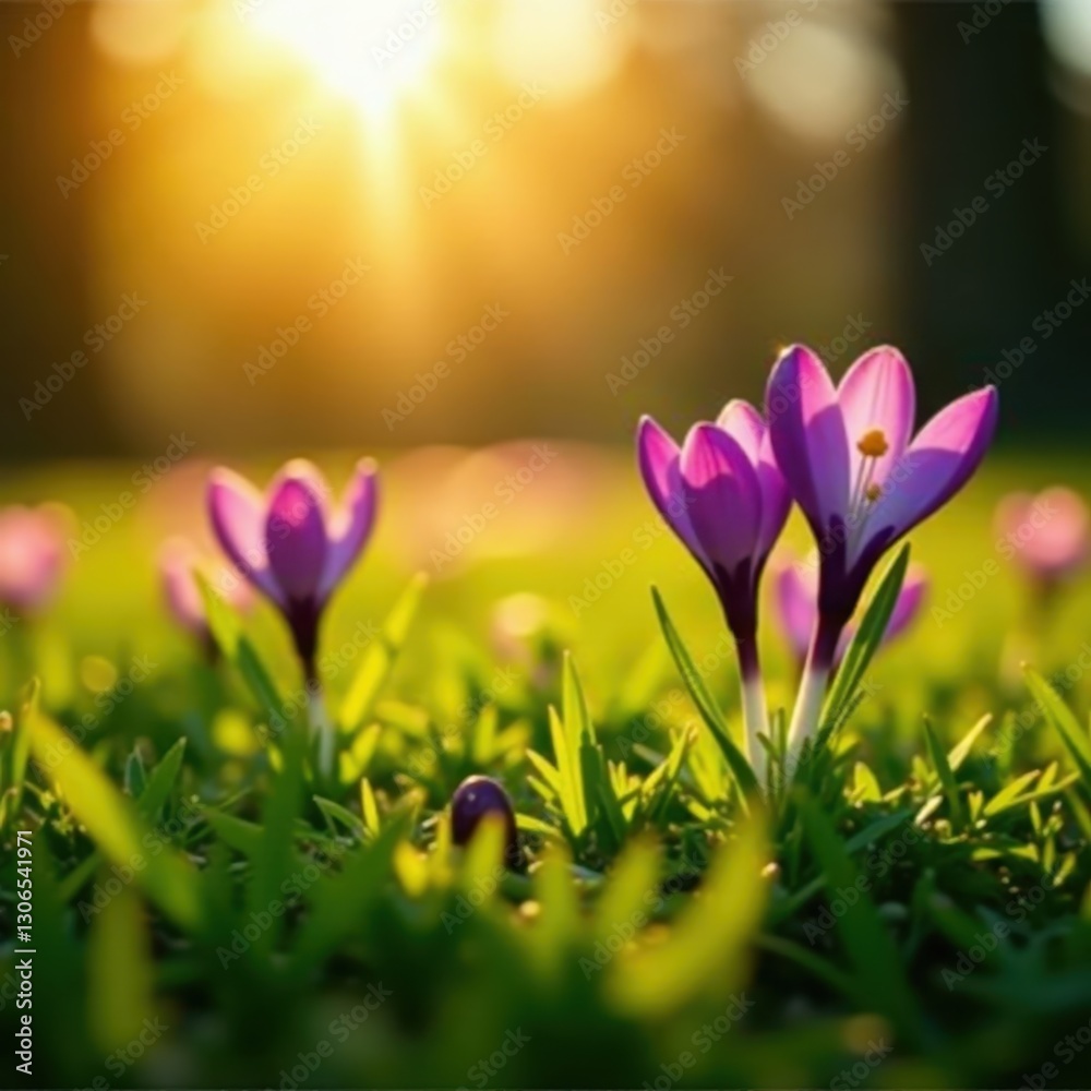 Golden sunlight bathes vibrant green grass and purple crocuses , purple, day Golden sunlight bathes vibrant green grass and purple crocuses , purple, day