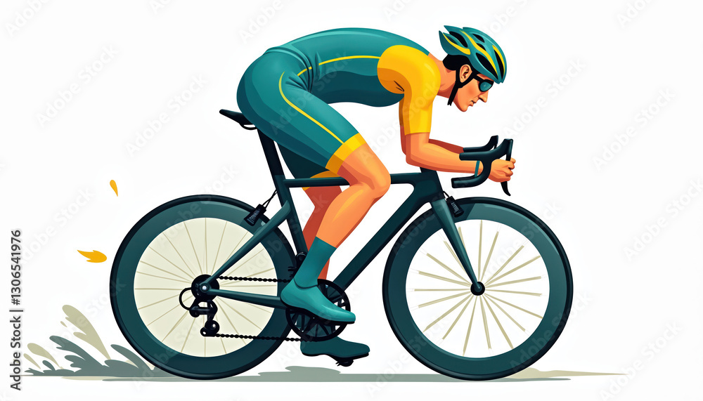 Fototapeta premium Illustration of cyclist on road bike. Man in helmet and sunglasses rides bicycle fast. Road bike racing sport event, healthy lifestyle, exercise. Athlete silhouette in action. Isolated design.