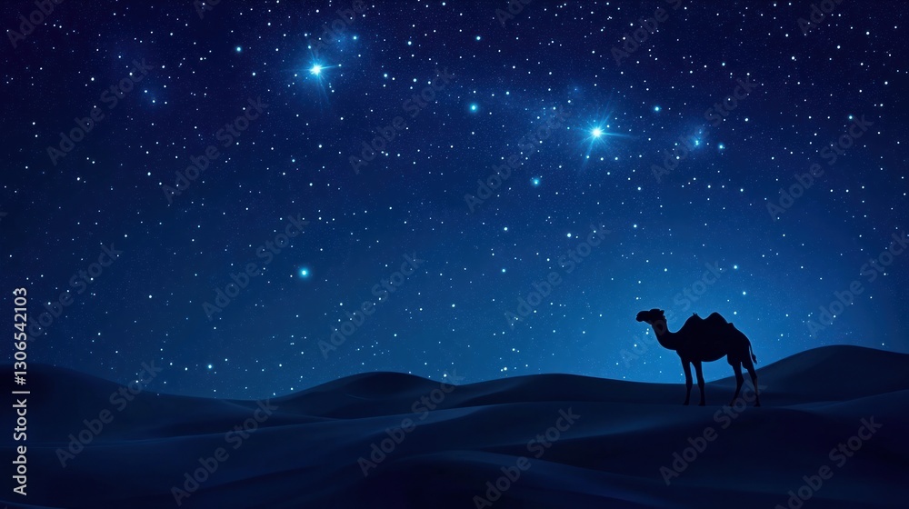 Fototapeta premium sand dunes under a starlit sky with visible constellations and a silhouette of a lone camel
