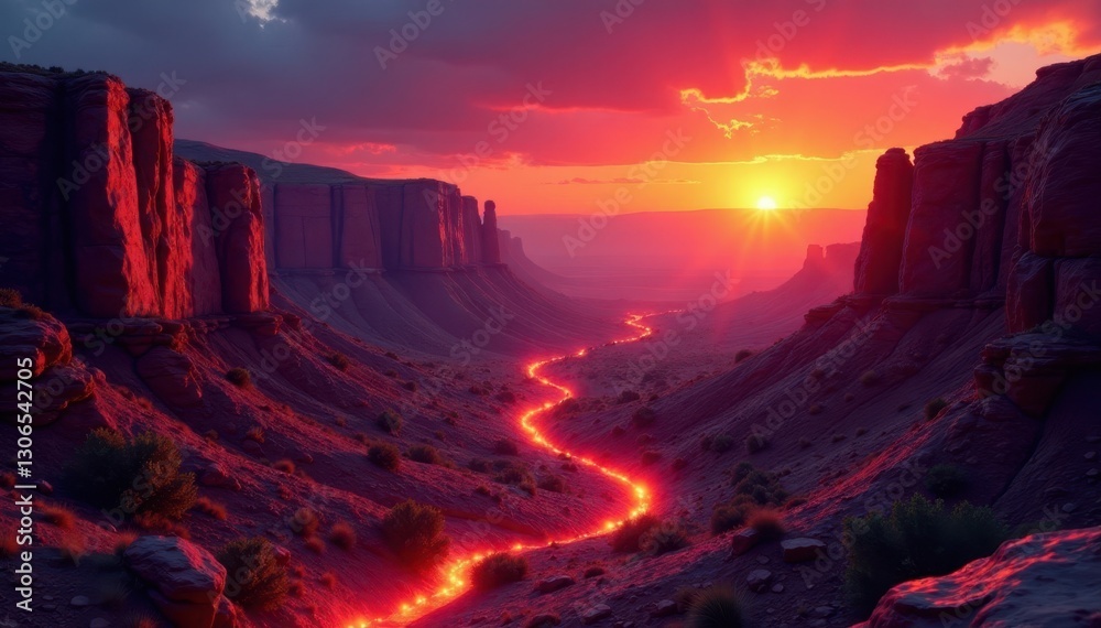 Fototapeta premium Crimson sunset paints glowing canyon walls, fiery rocks , orange, glowing rocks