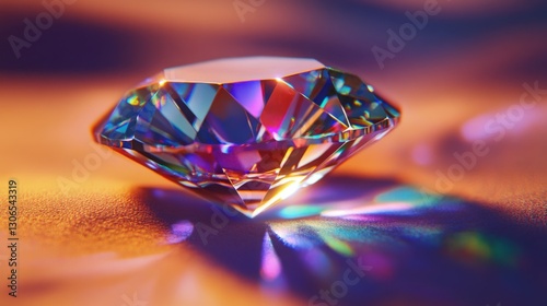 Macro shot of a diamonds facets reflecting a spectrum of colors under bright light