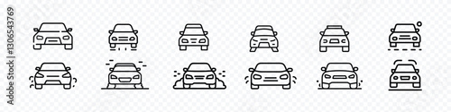 Rally Car Front View Line Icon with Dust on Road, car icon font view, sports car icon