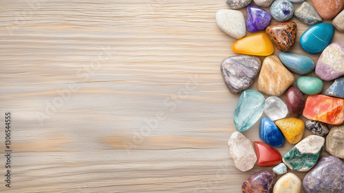 Colorful assortment of polished gemstones on wooden background