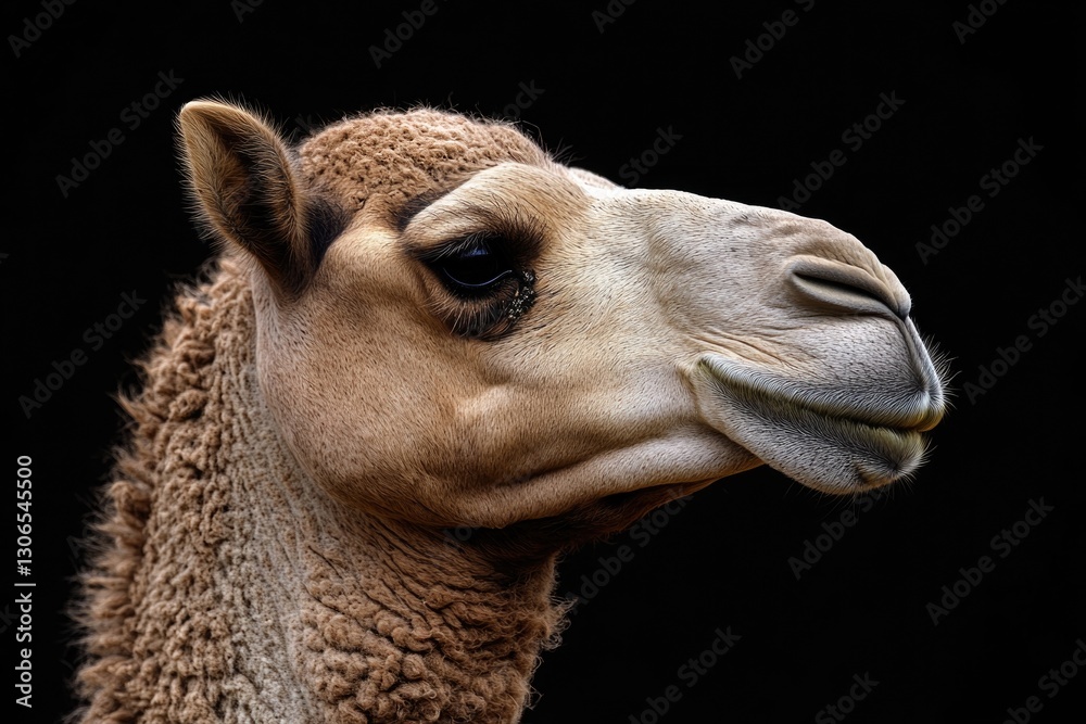 Obraz premium Close-up shot of a camel's face on a dark, black background