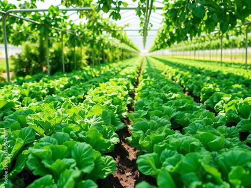 Lettuce rows flourishing in bright greenhouse under sun rays, agriculture, vibrant