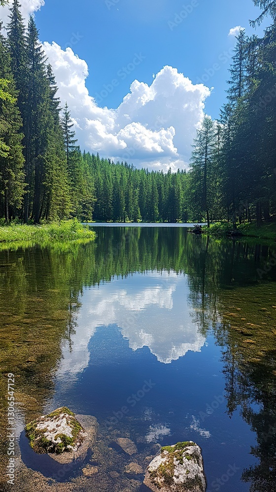 Fototapeta premium Calm lake reflects the fluffy clouds and forest trees in daylight