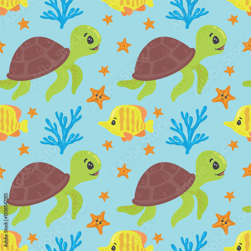 Seamless marine-themed pattern with turtles, fish, sea stars, underwater plants and corals. Hand-drawn vector illustration. Marine life.