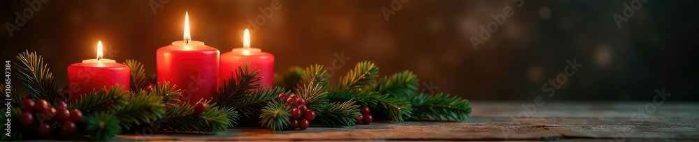 Candles and evergreen branches create a festive holiday scene, warm, cozy, advent Candles and evergreen branches create a festive holiday scene, warm, cozy, advent