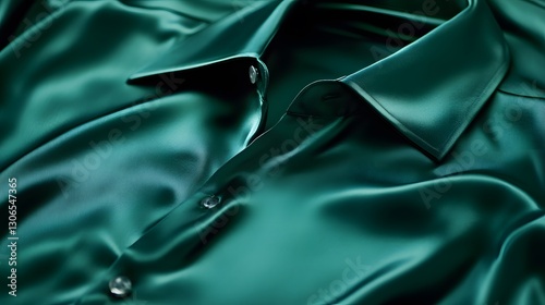 A silky satin button-up shirt in a luxurious deep emerald hue, arranged to emphasize its shine