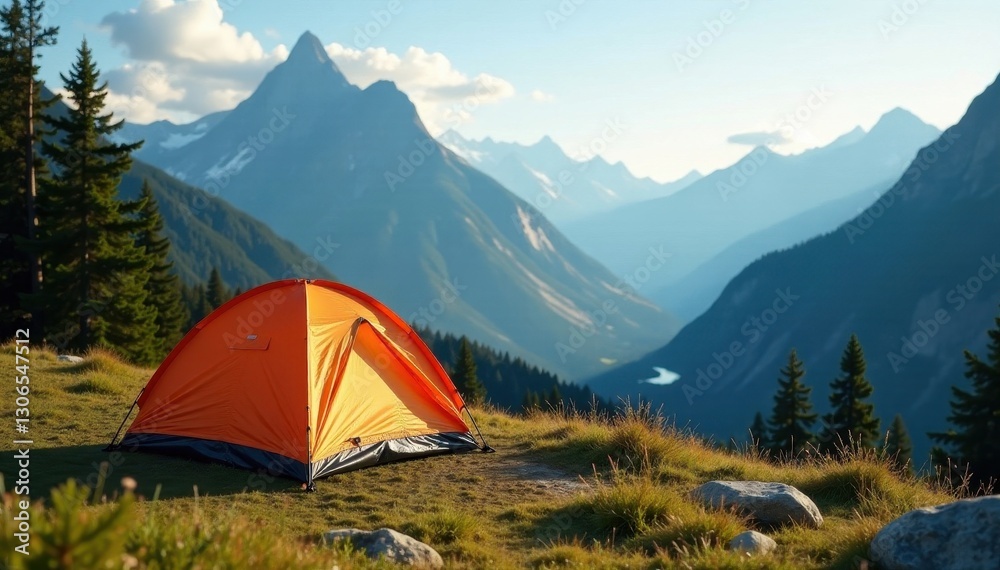 Compact camping setup against majestic mountain backdrop , alpine, camping Compact camping setup against majestic mountain backdrop , alpine, camping