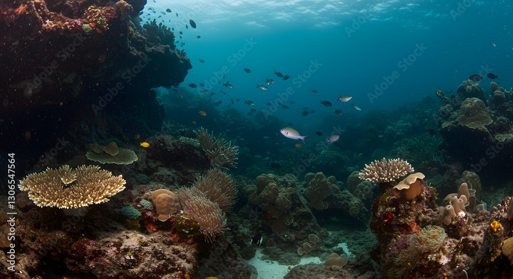 Obraz premium Underwater Coral Reef Scene: Vibrant Marine Life and Colorful Corals