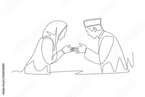 Husband and wife forgive each other during Eid al-Fitr. Family in eid al fitr concept one-line drawing