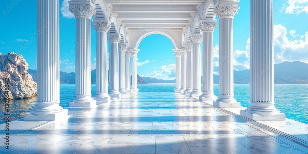 Fototapeta premium Open-air Greek-style corridor with white pillars and blue sky reflections on marble floors